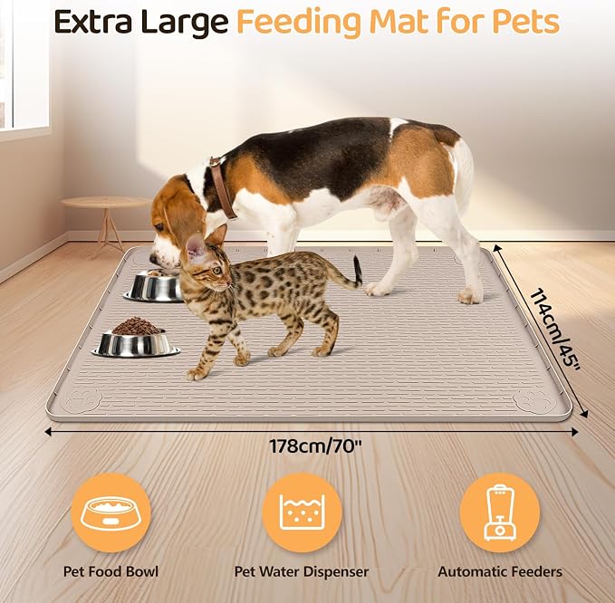 Dog Food Mat, Extra Large 70" x 45" Silicone Pet Feeding Mat with Raised Edge Pet Placemat for Small, Medium, and Large Pets Non-Slip, Easy to Clean (Khaki)