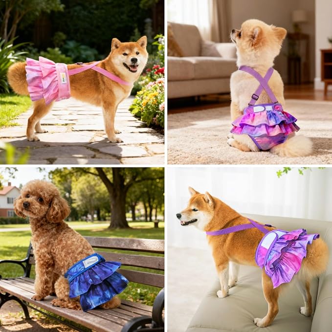 Idepet Female Dog Diapers with Suspender Detachable, 3 Pack Tie Dye Washable Reusable Girl Doggie Diapers for Small Medium Female Dog in Heat Period Cycle Urinary Incontinence Training M