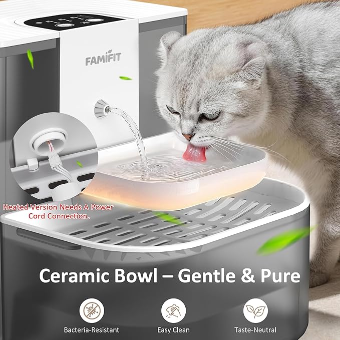 [New Upgrade] Famifit 4.5L+2L Heated Automatic Cat Water Fountain, 4000mAh Battery, Warm Water Option, Timed & Measured Control, Clean Water System, No Filter, Ceramic Bowl, Plug-in Recommended