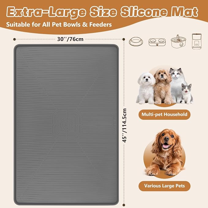 Lorvain Dog Food Mat, 45" x 30" Silicone Pet Feeding Mat with Raised Edges, Extra Large Pet Placemat for Dog Cat Food and Water Bowl Non-Slip, Easy to Clean, Waterproof & Floor Protection, Dark Grey