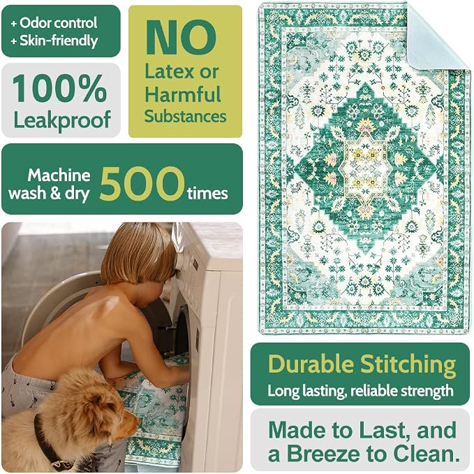 Washable Pee Pads for Dogs 2 Pack Reusable Puppy Training Pads 48"x32" Super Absorbent Waterproof Dog Training Pads, Non-Slip Potty Pads Whelping Pads Litter Mat Pet Supplies - Green Medallion