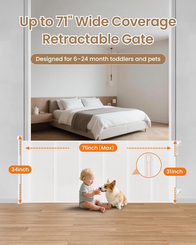 Retractable Baby Gate, 71" Wide 34" Tall Reinforced Mesh Baby Gate for Open Kitchens and Wide Doorways, One-Hand Operation Retractable Dog Gate, Fits Baseboards, White