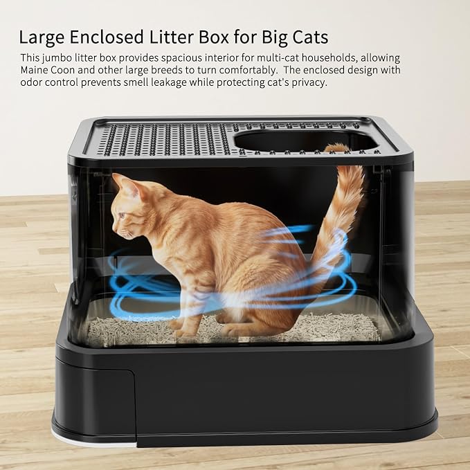RIZZARI Stainless Steel Cat Box: All Black Covered Design with High Sides to Prevent Leaks - Easy-Clean Drawer & Non-Stick Coating for Odor Control - Dual Entry with Top Exit - Bathroom Garage