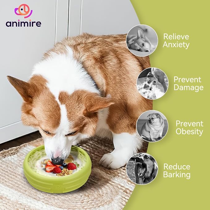 Dog Lick Bowl, Animire Freeze Lick Mat for Dogs, Non-Slip Slow Feeder Licking Bowl Enrichment Treat for Distraction Anxiety Relief, Food Grade Silicone, Dishwasher Safe(Green,S)