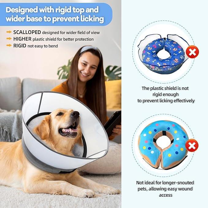 Upgraded Inflatable Dog Cone Collar with Transparent Anti-Licking Shield, Adjustable Elizabethan Collar for Medium Large Dogs, 2-in-1 Design with Detachable Shield