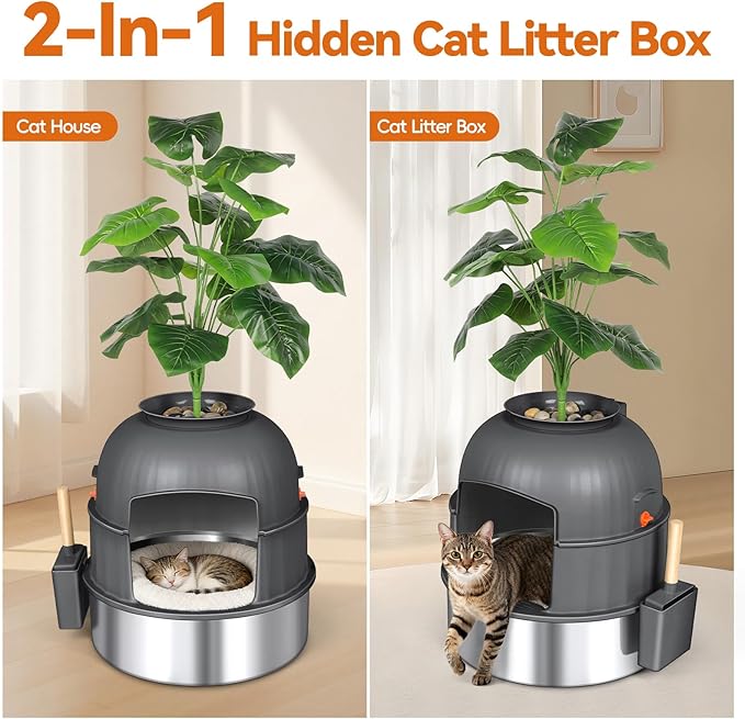 Three-Section Hidden Cat Litter Box, Stainless Steel Litter Box, Cat Litter Box Hidden with Faux Plant & Scoop, Vented Filter for Odor Control, Hidden Litter Box Furniture, Home Decor (Grey)