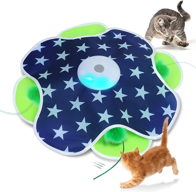 Oxawo Interactive Cat Toys with Moving Feather Concealed in Mat, Rechargeable Cat Exercise Toys for Bored Cats with Motion Activated, Mouse Squeaky