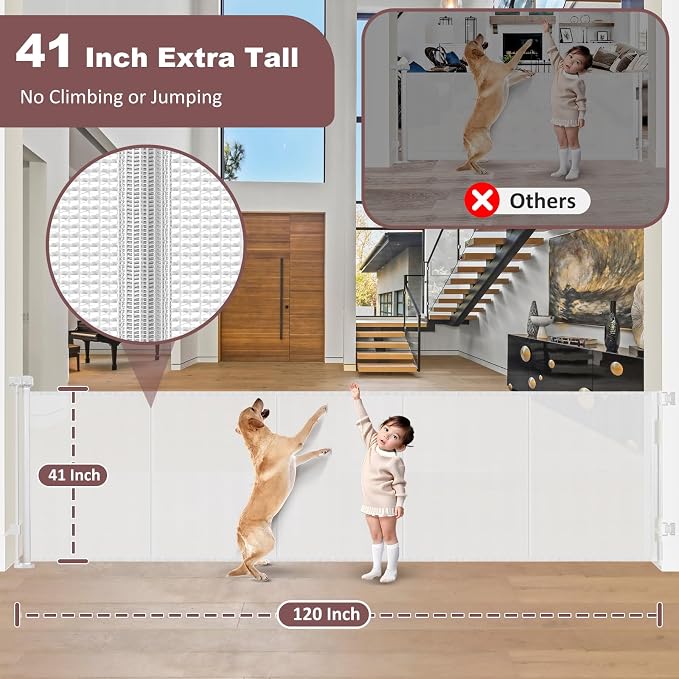 Reinforced 41" Extra Tall Retractable Baby Gates Extra Wide 120" Retractable Dog Gate with Support Rods, Indoor Mesh Baby Gate Retractable Gate Outdoor Extra Tall Dog Gate for Large Openings, White