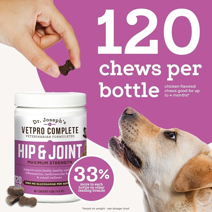 Dr. Joseph's VetPro Complete Dog Hip & Joint Wellness Supplement – High-Strength Glucosamine, MSM, Omega & Chondroitin Chews and Breeds – Vet Formulated Chicken Dog Treat - 120 Count