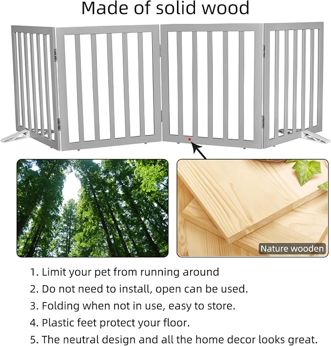 Dog Gate Indoor, Freestanding Dog Fence for The House, Doorways, Hallways,or Stairs,Pet Gate Foldable Wooden,Expandable 24" Height 4 Panels,Grey