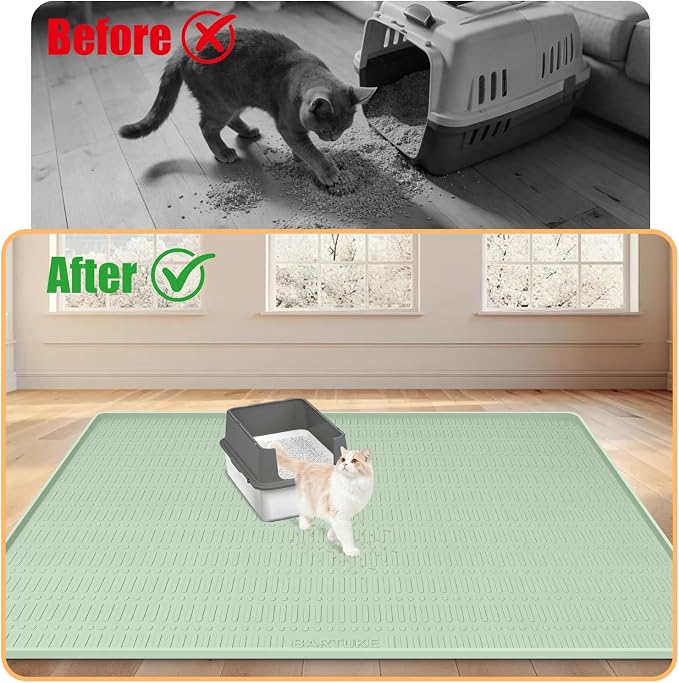 Silicone Cat Litter Mat, 47" x 35" Extra Large Litter Trapping Mat for Litter Box, Leak-Proof, Non-Slip, Kitty Litter Mats with Soft Texture for Floor, Keeping The Floor Clean (Green)
