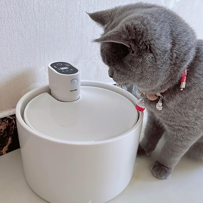 Cordless Ceramic Cat Water Fountain: 78oz/2.3L Automatic Super Silent Intelligent Sensor Cordless Pet Drinking Dispenser with 4000mAh Battery & 7 Filter Dog Water Bowl Dispenser - for Pets (White)