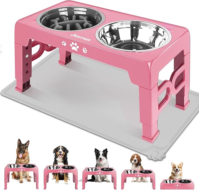 Jovrun Elevated Dog Bowls for Medium Large Dogs with Mat, Non-Slip Dog Feeder with 1*Stainless Steel Dishes & 1*Slow Feeder Bowl, 5 Heights Adjustable Raised Bowls for 3.15″-8.66″-9.84″-11.02″-12.2″