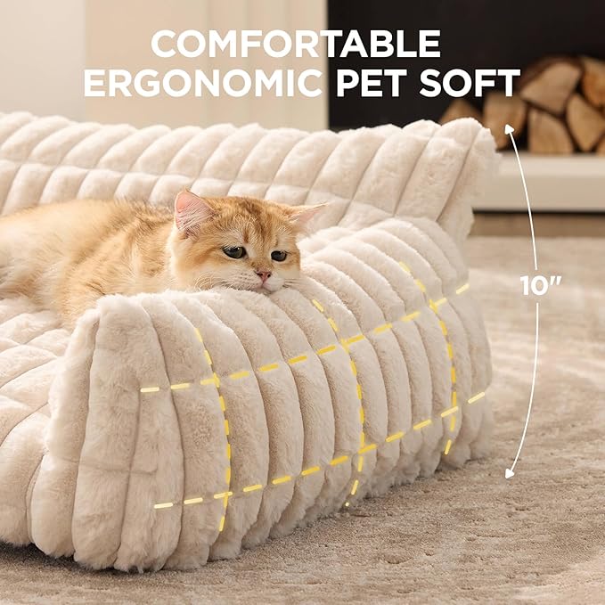 Joydeco Cat Couch for Pets, 24 inch Plush Pet Sofa, Cat Bed for Indoor Cats with Removable Washable Cover, Supportive Pet Sofa, Cream