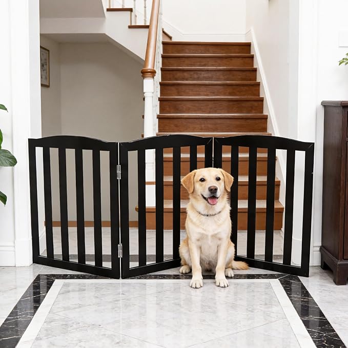 Freestanding Dog Gate Indoor,Doggie Gate Foldable Pet Gates for Doorways,Stairs or Hallways, Wooden Black Pet Gate for the House, Pet Fence,24 "Height-3 Panels