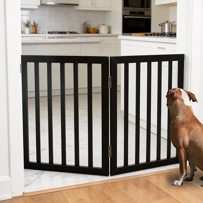 Dog Gate Indoor, Freestanding Dog Fence for The House, Doorways, Hallways,or Stairs,Pet Gate Foldable Wooden,Expandable 24" Height 2 Panels,Black