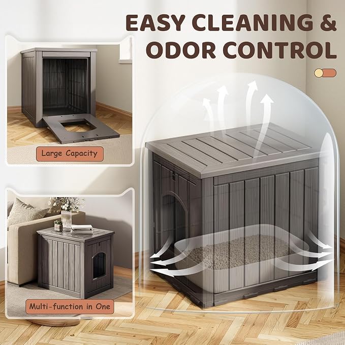 Cat Litter Box Enclosure, Weatherproof Multi-Use Resin Hidden Litter Cabinet, Indoor Outdoor Anti-Scratch Pet Litter Box Furniture, Tool-Free Assembly & Easy Clean, Gray