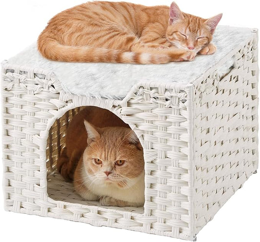 SETVSON Cat Beds Indoor Kitten House, Handwoven Rattan Cat Cave Pet Cube, Large Cat Houses, One Bed Mat, Foldable, Hideaway, 16.5x16.5x13.2 Inches, 2 S-Shaped Hooks in Living Room Bedroom White