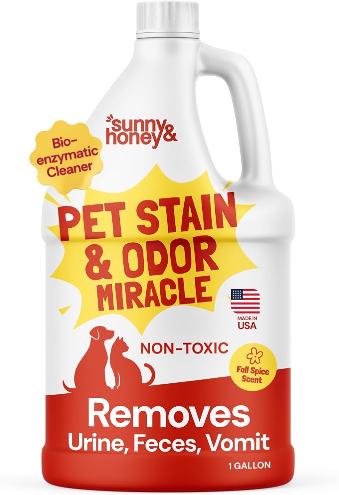 Sunny & Honey Pet Stain and Odor Remover - Enzyme Cleaner for Dog Urine and Poop on Carpets and Furniture - Strong Pet Carpet Cleaner Spray (1 Gallon Fall Spice)