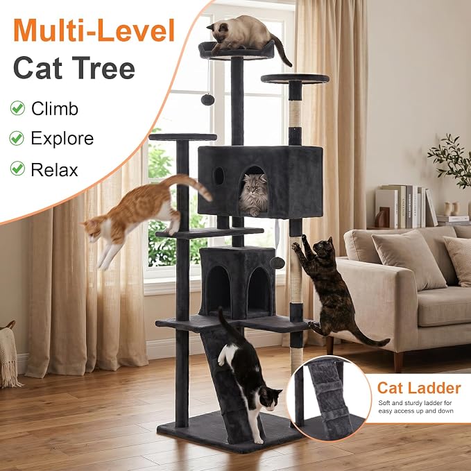 FDW | 70" Cat Tree Tower | Dark Gray | Multi-Level Indoor Activity Center with Sisal Scratching Posts, Condos, Plush Perches, Hanging Cat Toys | Sturdy, Easy to Assemble | for Kittens & Adult Cats