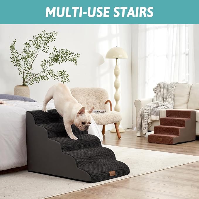 COZY KISS Extra Wide Dog Stairs 19.7" Width, Large Pet Step for Small Medium Dog, Puppy or Cat, Ramp for High Bed or Car, High Density Foam Ladder, Stable, 5 Step, 19.7x33x22.4 inch, Black