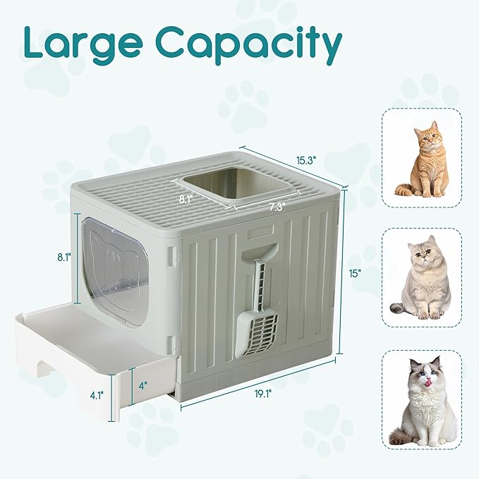 OLIXIS Cat Litter Box with Lid, Large Foldable Cat Box with Scoop, Front Entry Top Exit Kitty Litter Boxs with Door, Easy Cleaning Drawer Design Odor Control, Grey
