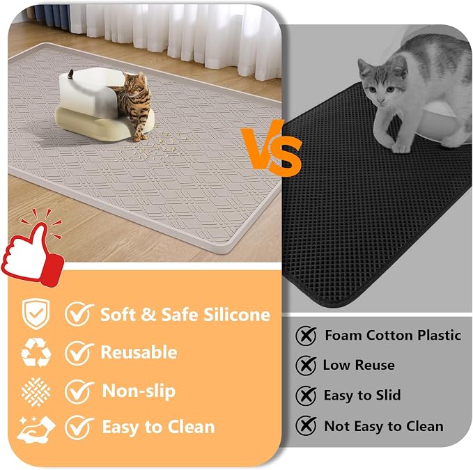 Silicone Cat Litter Mat, 42" x 29" Extra Large Litter Trapping Mat for Litter Box, Leak-Proof, Non-Slip, Kitty Litter Mats with Soft Texture for Floor, Keeping The Floor Clean (Khaki)