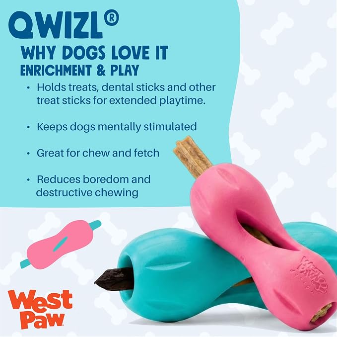 WEST PAW Qwizl Durable Zogoflex Dog Puzzle Toy for Mental Stimulation, and Enrichment - Treat Dispensing for Bully Sticks and Dental Sticks - Dishwasher Safe - Made in USA - Large - Teal