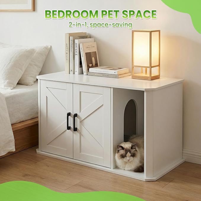 Modern Wooden Cat Litter Box Enclosure, Hidden Washroom Cabinet with Double Doors and Side Entry, Large Cat House End Table, Easy-Clean Sturdy Furniture