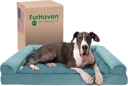 Furhaven Memory Foam Dog Bed for Large Dogs w/ Removable Bolsters & Washable Cover, For Dogs Up to 125 lbs - Plush & Suede Sofa - Deep Pool, Jumbo Plus/XXL