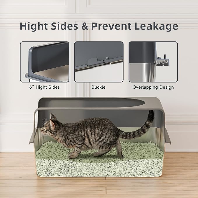 Booche High-Sided Stainless Steel Cat Litter Box,Stainless Steel Litter Box with Lid,Extra Large,Easy-to-Clean Metal Litter Pan for Cats (24''L X 16''W X 12''H with Enclosure)