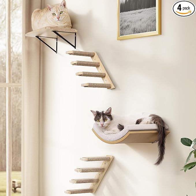 4-Piece Cats Wall Furniture with Cat Window Perch – Wood Wall Mounted Cat Shelves Set with Foam-Padded Curved Bed, Flat Perch & 4-Step Cats Stairs
