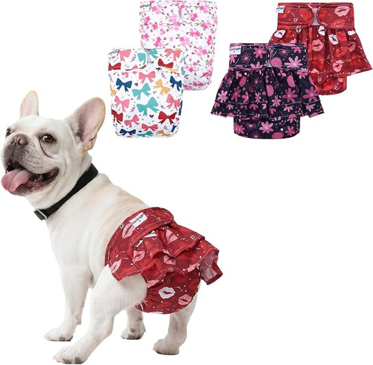 Female Dog Diapers Reusable No Tail Hole Period Panties Washable Diapers Female for Docked-Tail Frenchie French Bulldog Boston Terrier Without Tail (2 Pack Regular+2 Pack Skirts) U-WWDQB06L