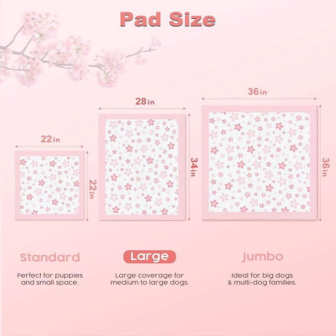 MIZOK Dog Pee Pads Extra Large 28"x34", Potty Pads for Big Dog Breeds, Super Absorbent & Leak-Proof, Pink Cherry Blossom Prints, Thick & Heavy, 4 Adhesive Tabs, XL (40 Counts)