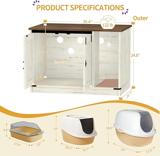 Hzuaneri Cat Litter Box Enclosure, Hidden Litter Box Cabinet Furniture with Bell, Indoor Cats House, Farmhouse Style, 39.4 x 21.7X 24.8 Inches for Hallway, Bedroom, Rustic Brown and White CB85214X