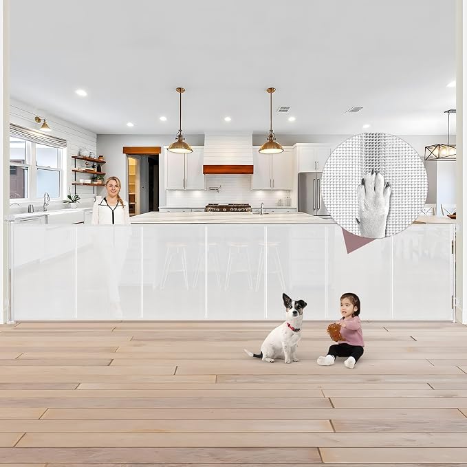 Reinforced 41 Inch Tall Retractable Baby Gates 200 Inch Extra Wide Dog Gate with Support Rods, Indoor Dog Gates for The House Extra Long Baby Gate Outdoor Retractable Gate Garage Gate, White