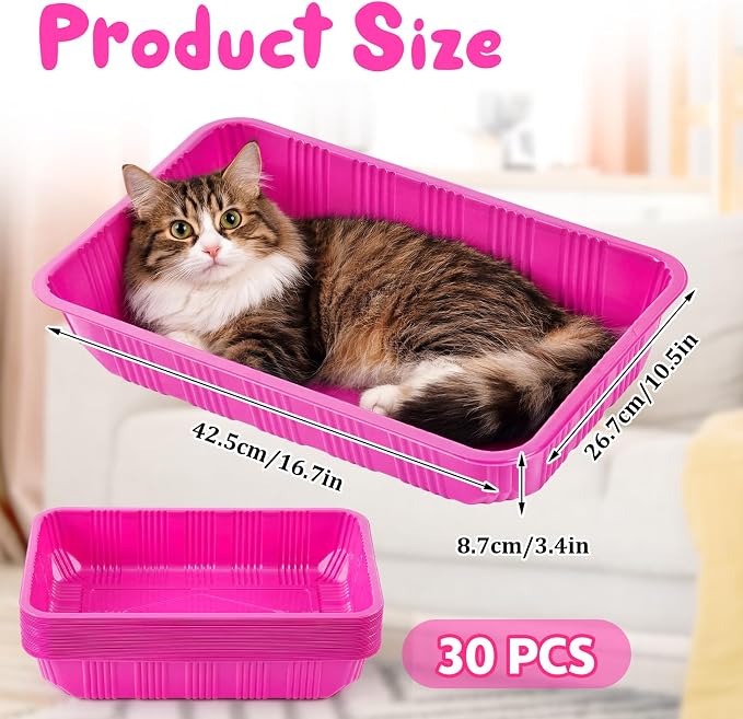 Tessco for you 30 Pack Disposable Cat Litter Boxes, Plastic Leakproof Litter Trays for Cats, Disposable Travel or Temporary Litters Pan for Kittens and Small Pets, 16.7 x 10.5 x 3.4 Inch(Rose Red)