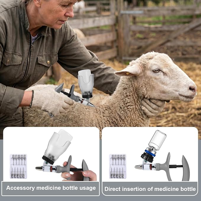 5ML Livestock Syringe Gun, Automatic Self Refill Injection Gun Continuous Adjustable Bottle Attachment Livestock Animal Syringe with 10 Needles, for Chicken, Duck, Pig, Sheep, Cow Poultry (Grey)