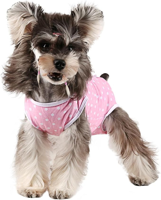 Etdane Dog Diapers Sanitary Panties Pet Period Onesie Surgical Recovery Suit After Surgery Wear for Female Male Dogs (S(Chest Girth: 15.4",Back Length: 11.4"), Pink Polka Dots)