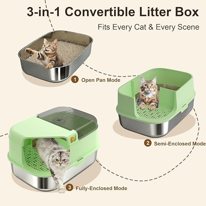 3-in-1 Convertible Cat Litter Box, ABS + Stainless Steel Pan, Enclosed Low Entry High Sided Box with Litter Trapping Grid, 23.1x16.93x14.1 Inch, for Senior Kittens & Large Cats（Green）