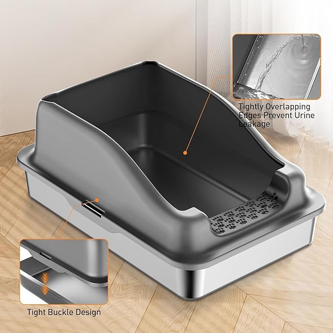 Stainless Steel Cat Litter Box with Natural Sisal Cat Scratching Mat Non-Sticky,Anti-Leakage,Easy Cleaning
