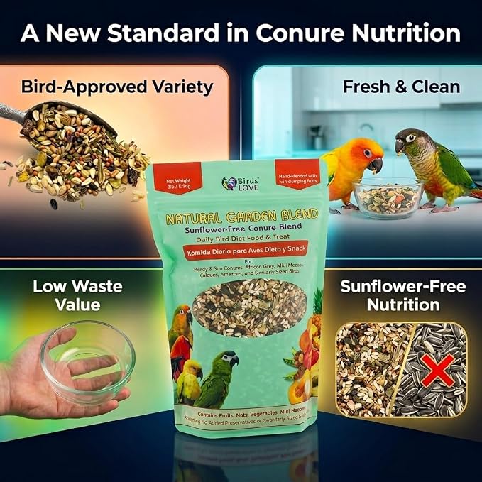 Birds LOVE Natural Garden Blend Conure Food, Sunflower Free Bird Seed Mix with Fruits, Nuts, Vegetables and Seeds, All Natural Daily Diet and Treat, 2 lb