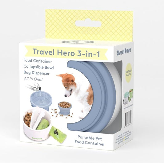 Travel Hero 3-in-1 Portable Pet Food Container for Puppies and Small Breeds, Comes with a Silicone Water Bowl and Poop Bag Dispenser in One, Glacier