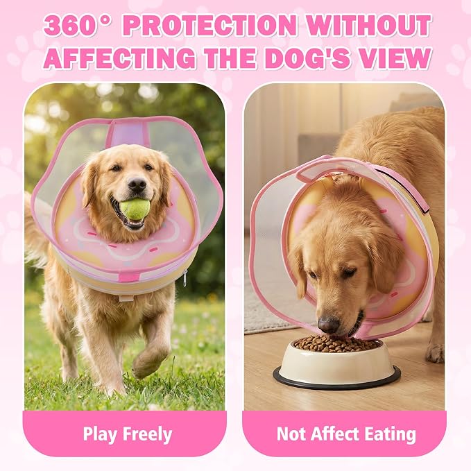 Inflatable Dog Donut Collar with Removable Clear Protective Shield, Soft Pet Recovery E-Collar for Dogs After Surgery, Adjustable Dogs Cone Collar to Prevent Licking Biting Scratching (Pink, X-Large)
