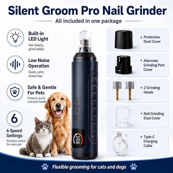 2026 Upgraded Silent Groom Pro Nail Grinder, 6-Speed Dog Nail Grinder with Led Light, Grooming Pro Pet Nail Grinder with 2 Grinding Heads, Pet Nail Trimmers for Small Medium Large Dogs & Cats
