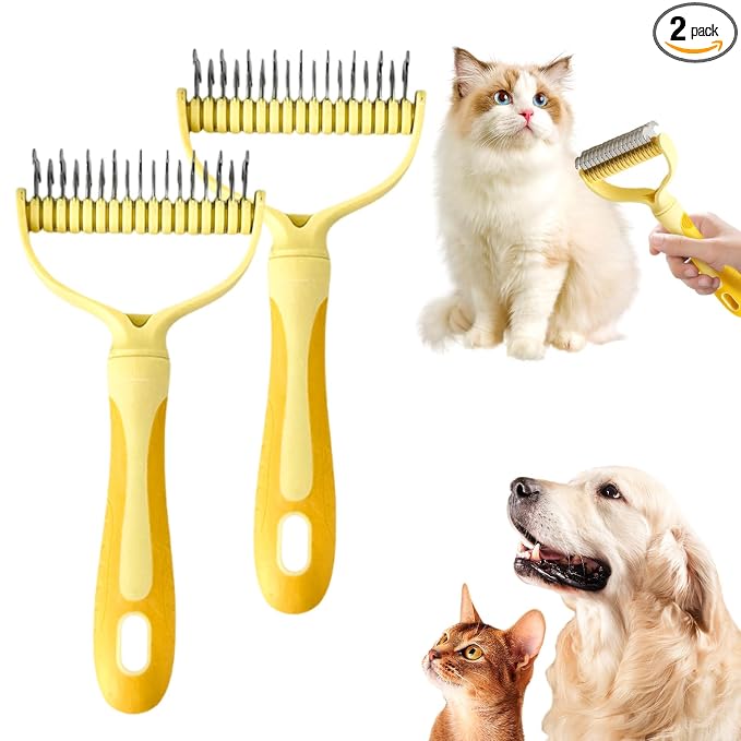 Double-Sided Pet Grooming Brush, 2026 Upgraded Undercoat Rake for Long Haired Pets, Multi-Functional Dematting Comb for Home Grooming, Pet Hair Removal Brush for Pets Owners (2, Yellow)