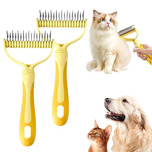 Double-Sided Pet Grooming Brush, 2026 Upgraded Undercoat Rake for Long Haired Pets, Multi-Functional Dematting Comb for Home Grooming, Pet Hair Removal Brush for Pets Owners (1, Yellow)