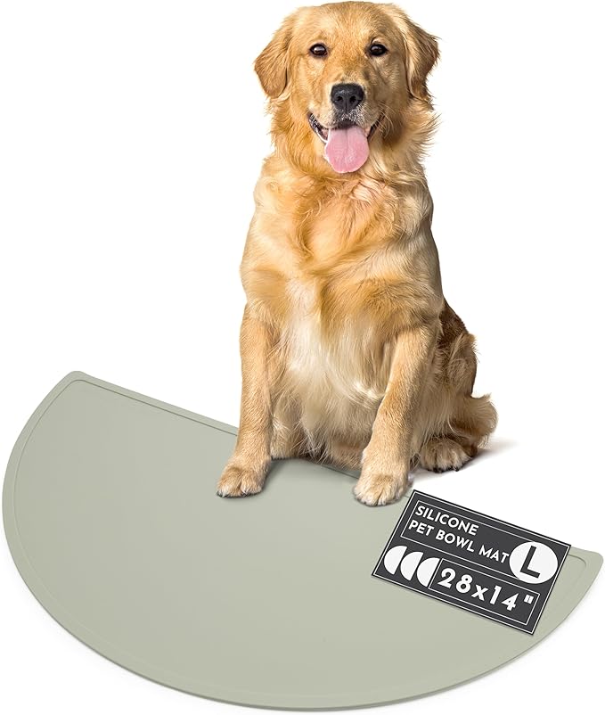 Should We Go? Waterproof Silicone Dog Food Mat – Large Size Non-Slip Pet Bowl Mat, Raised Edge Design, Easy-to-Clean Pet Food Placemat for Dog & Cat Bowls, 28" Across x 14" Deep - Sage