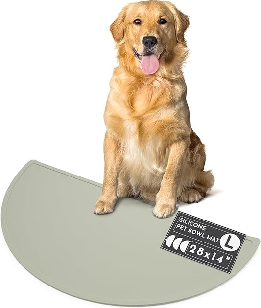 Should We Go? Waterproof Silicone Dog Food Mat – Large Size Non-Slip Pet Bowl Mat, Raised Edge Design, Easy-to-Clean Pet Food Placemat for Dog & Cat Bowls, 28" Across x 14" Deep - Sage