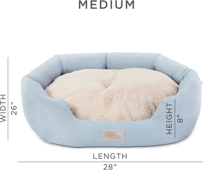 Town & Country Everyday CuddleTown Faux Linen Comfy Cozy Cuddler Pet Bed, Supportive & Calming Egg Crate Foam, Non-Slip Bottom, Machine Washable Cover, Blue, Medium 28"x26"x8"